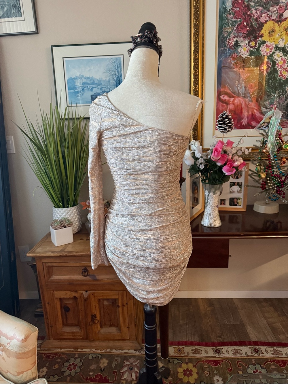 Metallic One-Shoulder Ruched Mini Dress - Gold - Picture 3 of 5